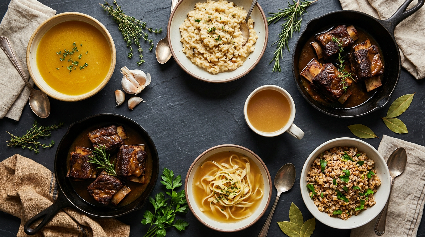 Flat lay of 6 bone broth dishes including golden soup, risotto, braised ribs, sipping mug, pasta, and grain bowl on dark slate