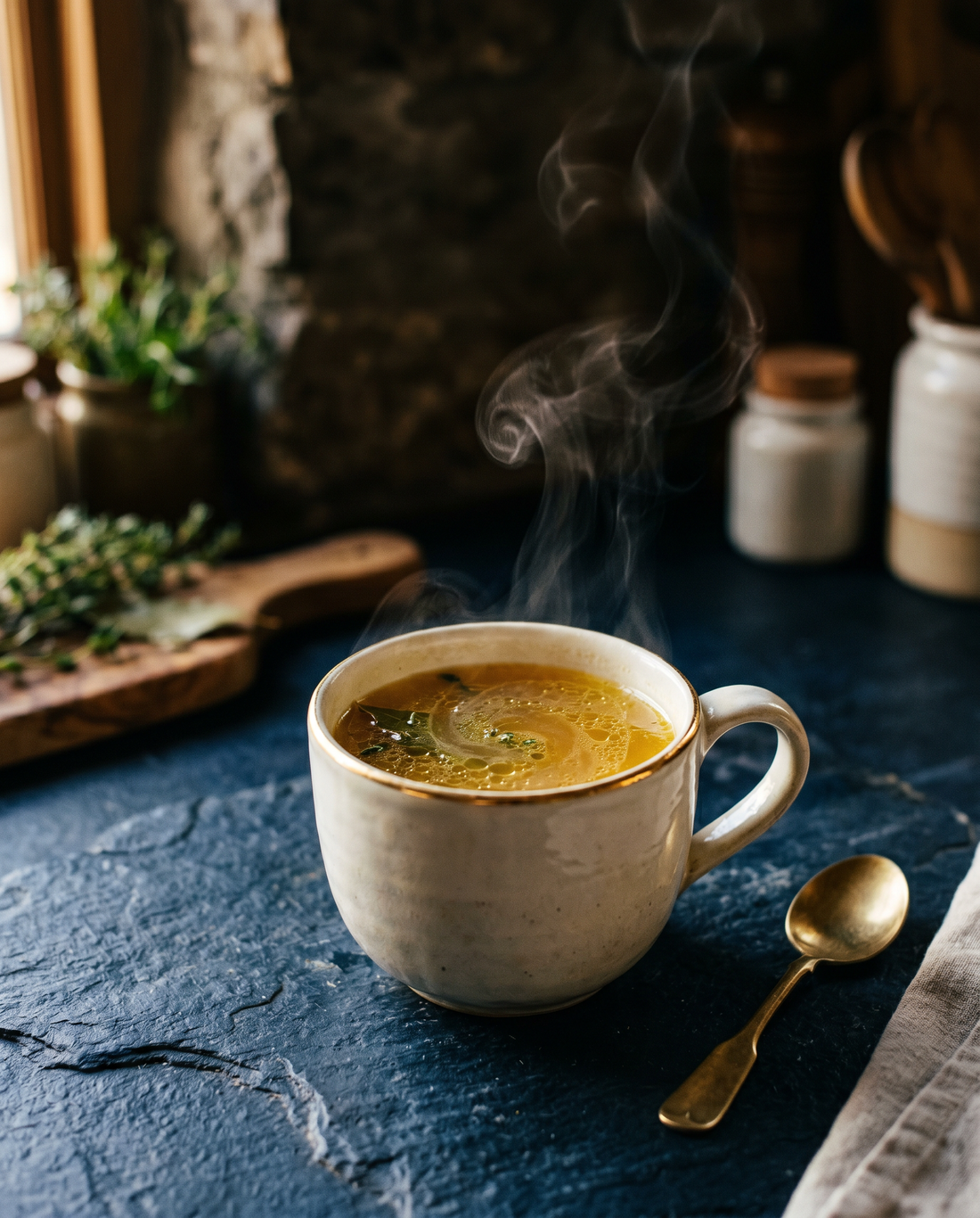 A steaming cup of golden bone broth in a cream ceramic mug — a gentle first food during recovery after a medical procedure