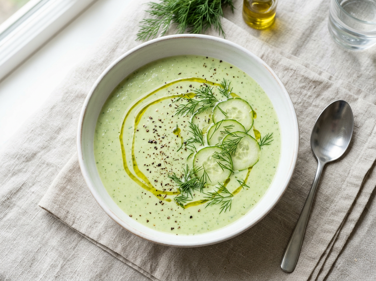 Cold cucumber cream soup in a white ceramic bowl