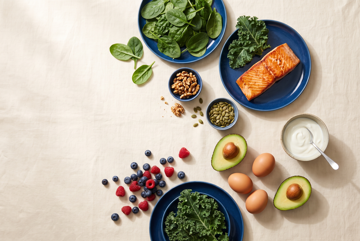 Fertility superfoods flat lay — leafy greens, salmon, eggs, avocado, berries, nuts and seeds