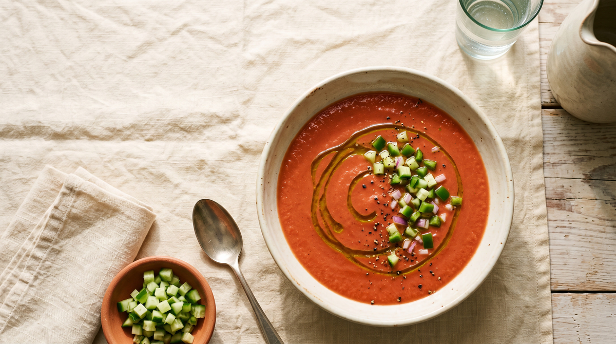 Overhead bowl of collagen gazpacho with a swirl of olive oil, diced cucumber and green pepper, on cream linen