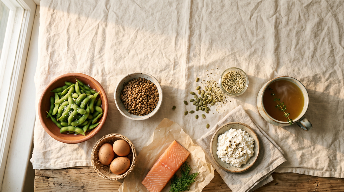 Overhead spread of high-protein foods on cream linen: edamame, lentils, eggs, salmon, pumpkin seeds, cottage cheese and a cup of bone broth