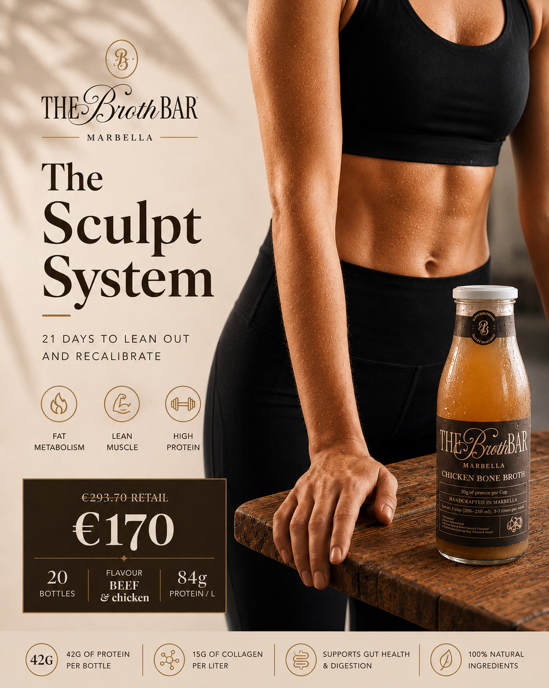 Advertisement for The Broth Bar Sculpt System with a person in athletic wear and a bottle of broth on a wooden surface.