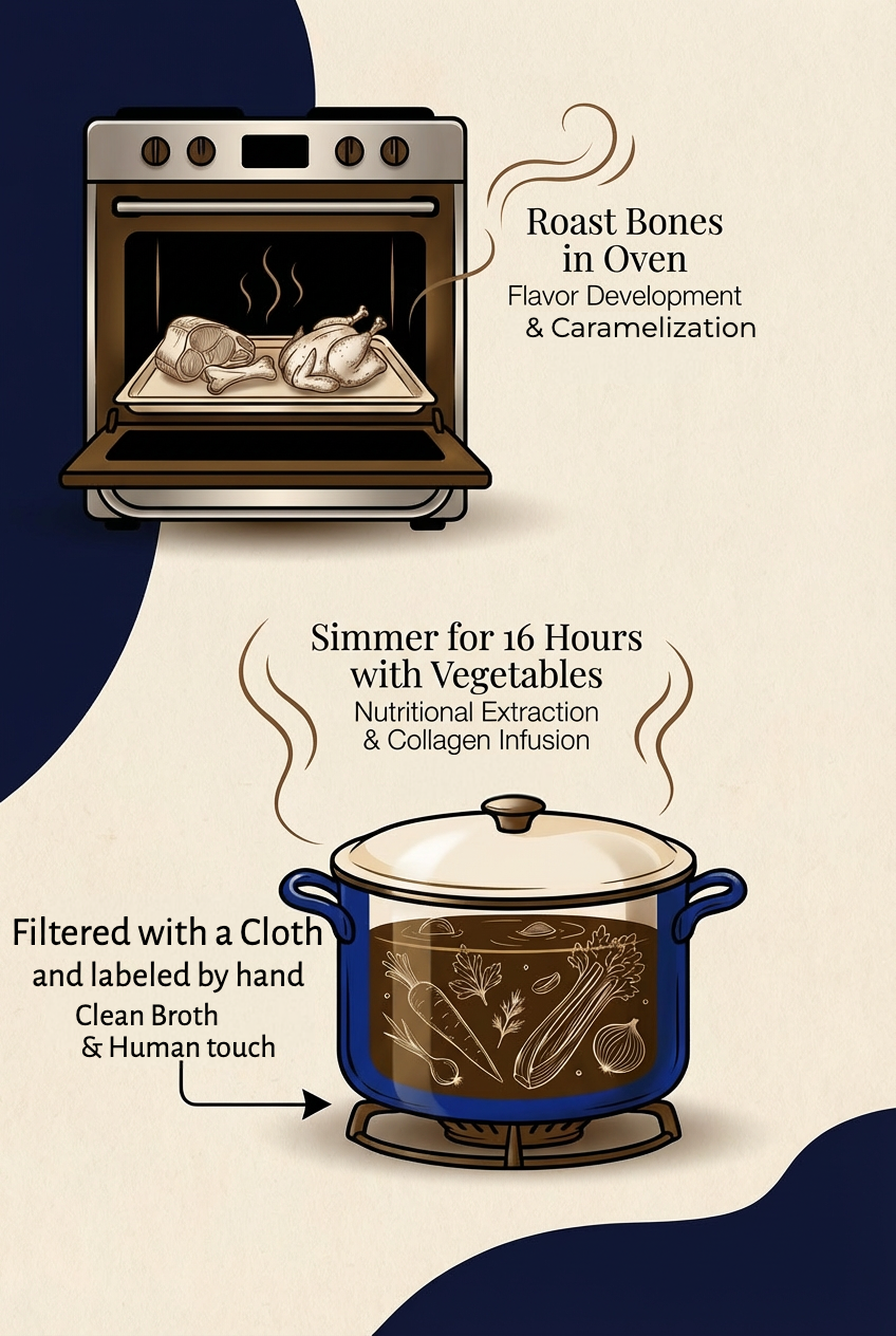 Step-by-step process of making broth with oven-roasted bones and simmering with vegetables, depicted in an illustrated format.