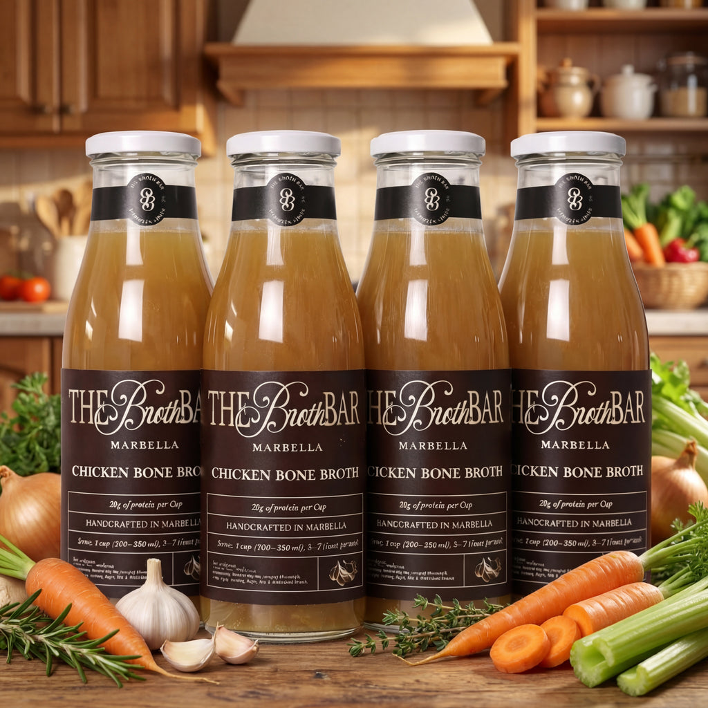 Four bottles of The Broth Bar chicken bone broth on a wooden surface with vegetables.