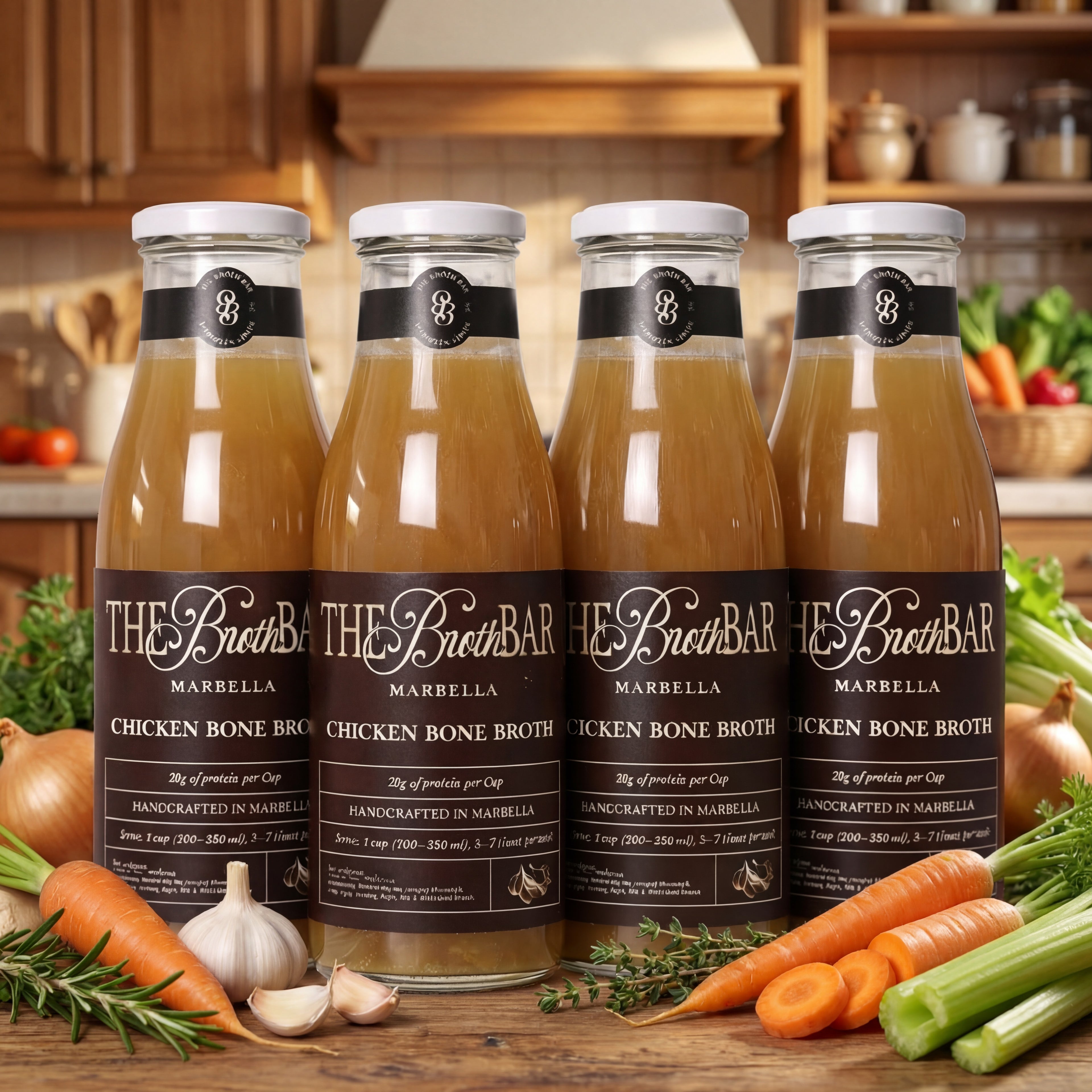 Four bottles of The Broth Bar chicken bone broth on a wooden surface with vegetables.