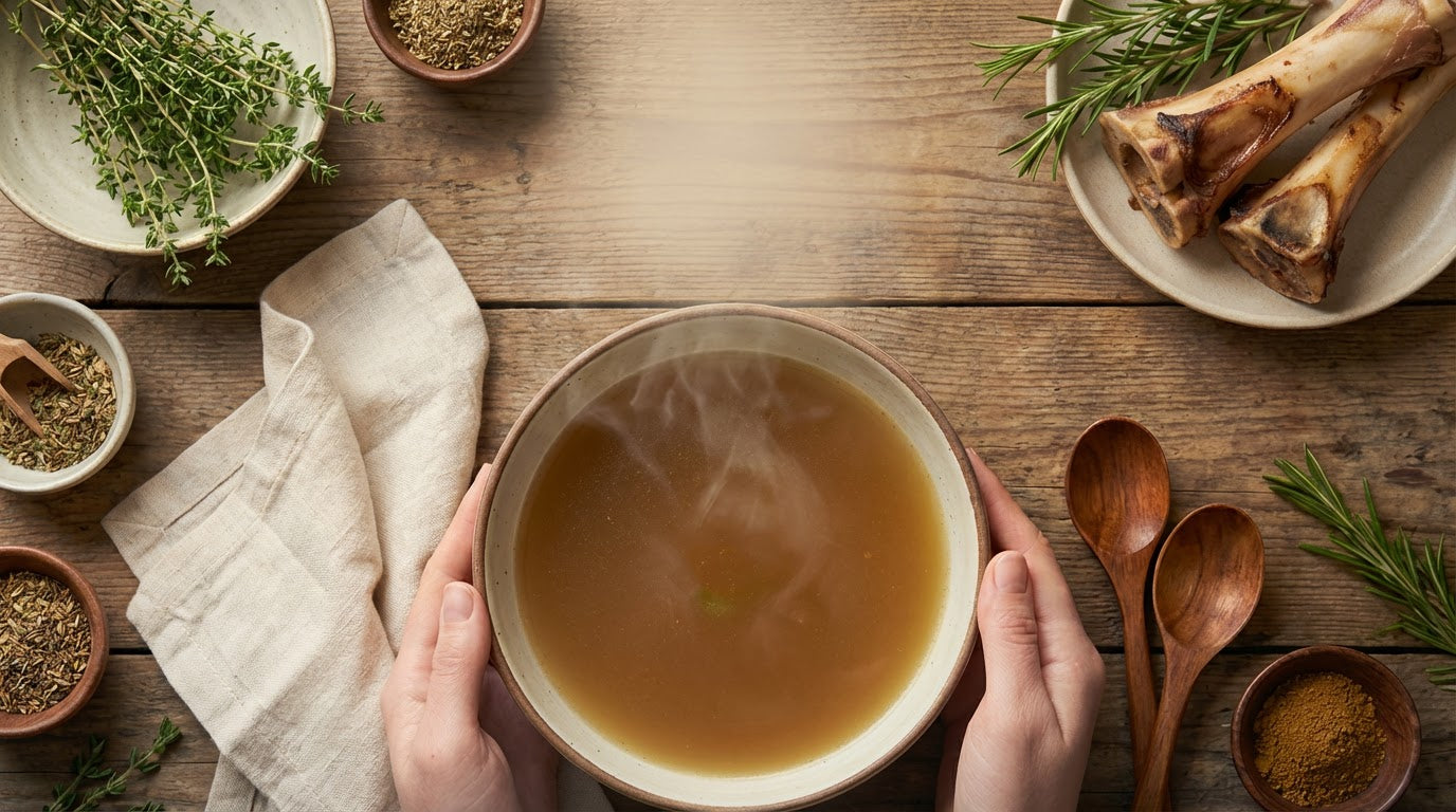 Hands holding a bowl of broth on a wooden table with herbs and bones.