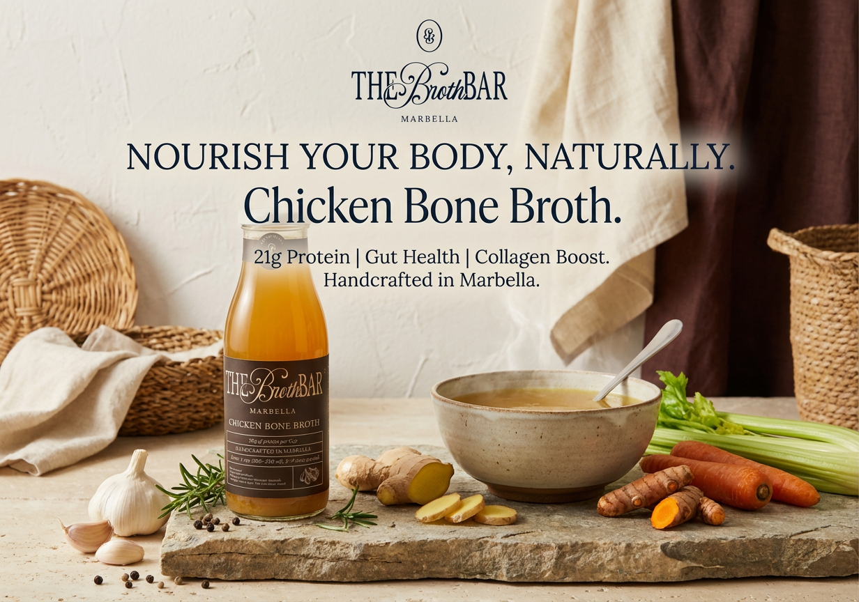 The Lynx Bar chicken bone broth bottle on a wooden surface with ingredients and a bowl of soup.
