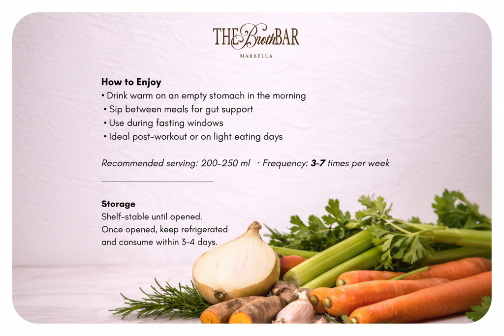 Broth bar packaging with vegetables and usage instructions on a light background