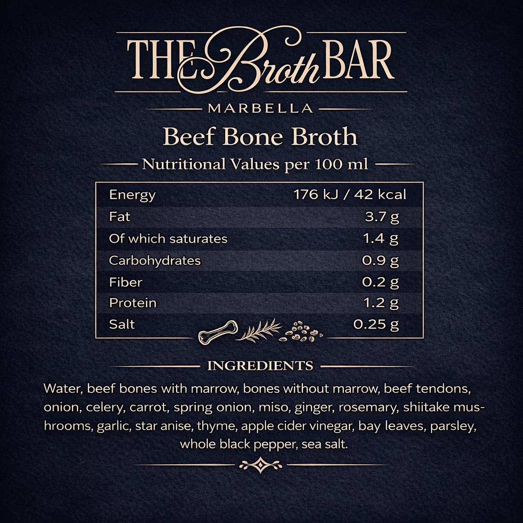 beef bone broth nutritional values 100ml. 42cal, 3.7g of fat, carb 0.9g, protein 1.2g and salt 0.25g