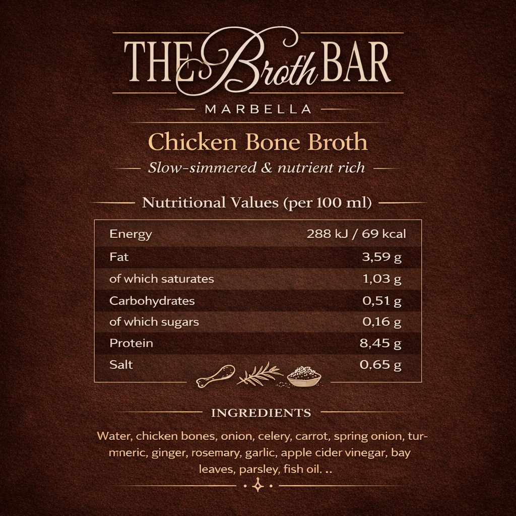 nutritional values for chicken bone broth. 69 cal, 3.5 fat, o.51 carbs, protein 8,45 and  salt 0.65gr per 100ml