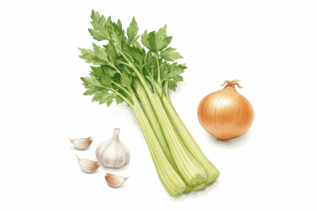 Bunch of celery, an onion and garlic with three garlic cloves on a white background